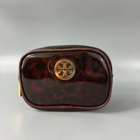 Tory Burch Clear Tortoise Shell PVC Small Zip Cosmetic Bag